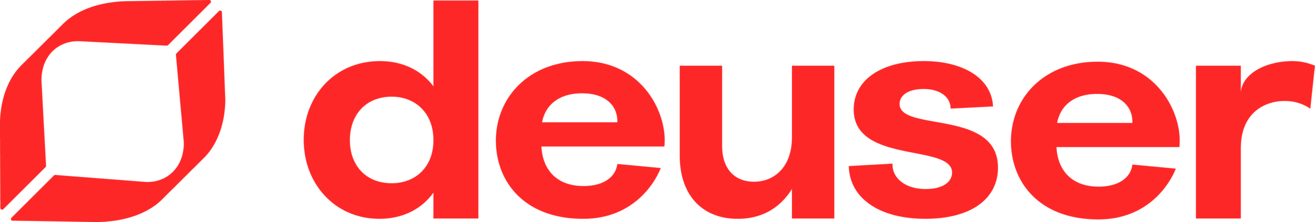 Brand logo with a red geometric icon on the left and a red wordmark on the right.