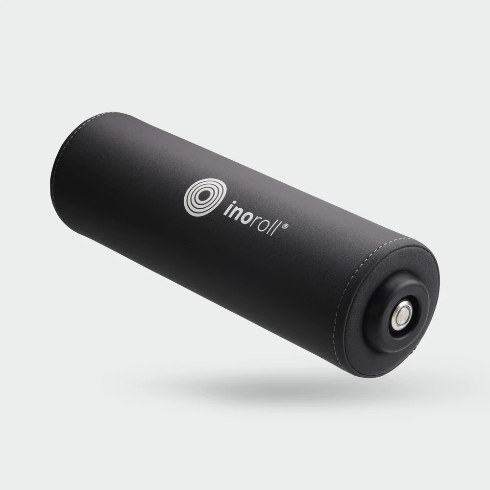 Black cylindrical massage roller with stitched ends and the 'inoroll' logo; used for muscle recovery and self-massage.]?
