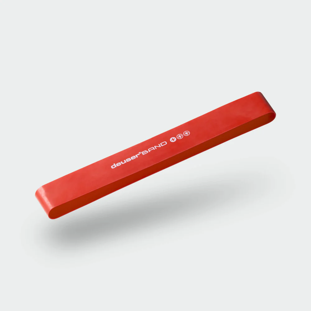 Red flexible exercise bar labeled 'deuser BRAND' floating against a light gray background.