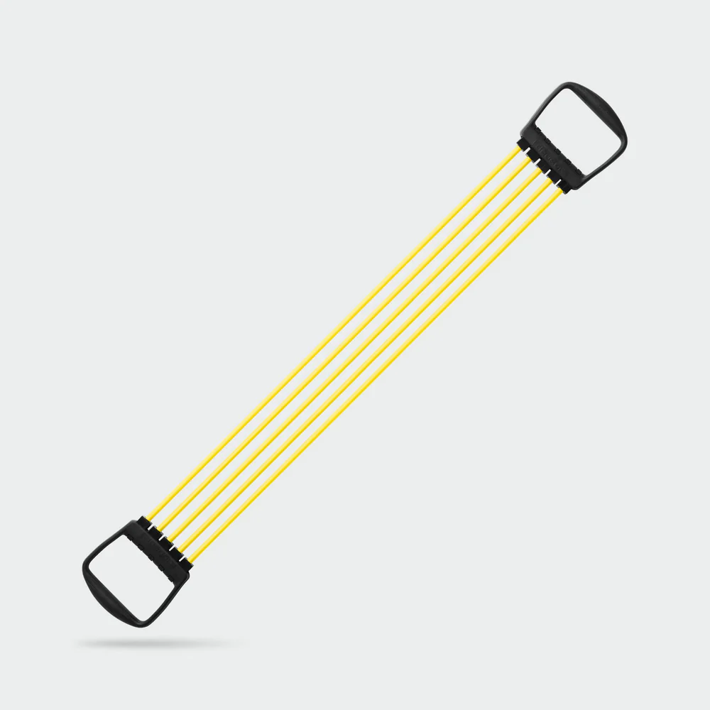 Yellow resistance band with black handles for strength training, shown diagonally across the image.
