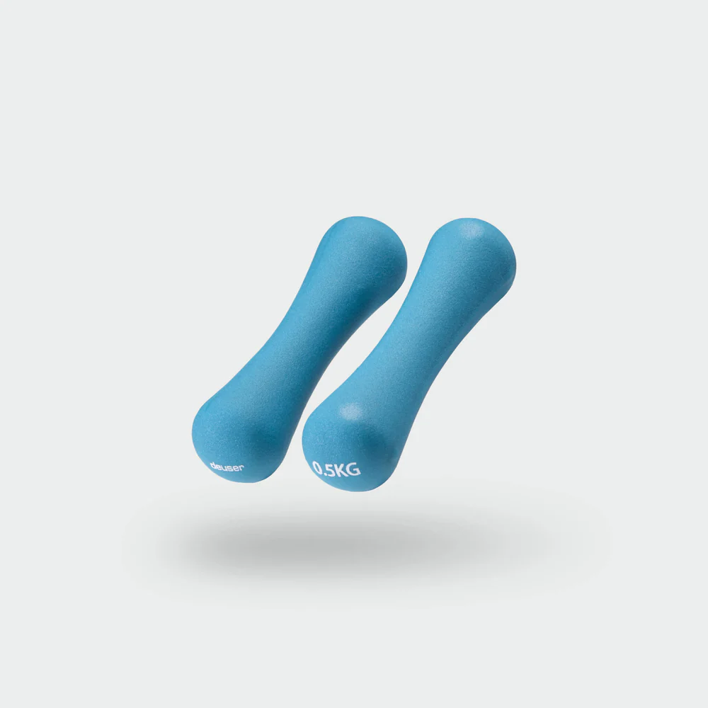 Two blue small dumbbells with a 0.5 kg label, floating above a soft shadow.