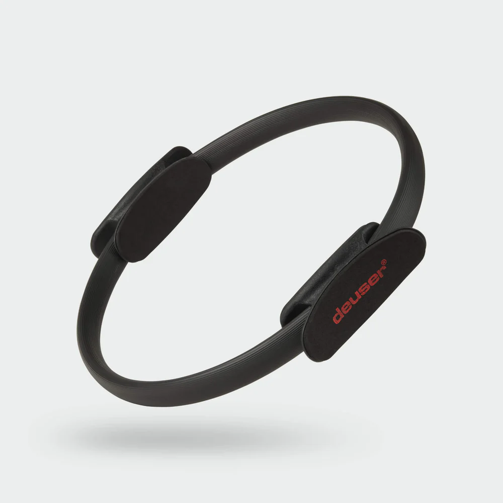 Black circular wearable device with two soft pads on the sides and a red "deuser" logo.