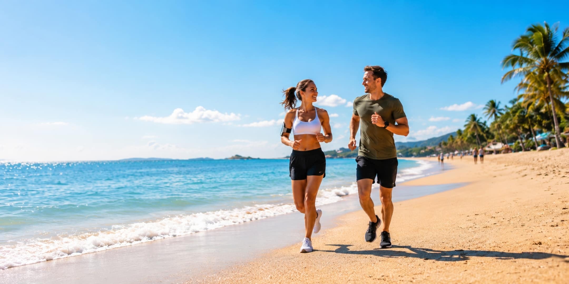 14 - Deuser Sports | Solingen A fit couple runs along a sunny tropical beach with palm trees and blue ocean in the background.