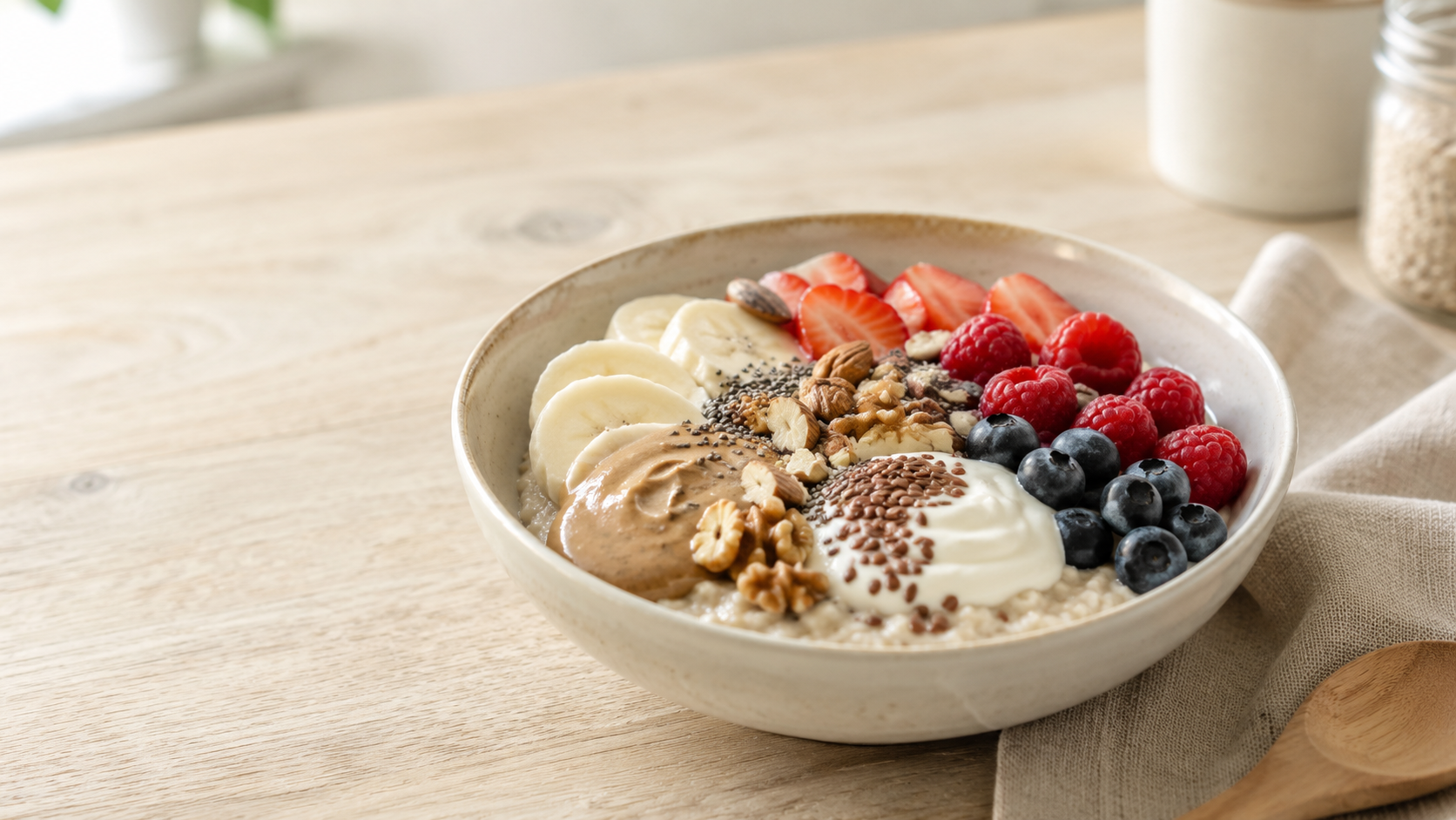 ChatGPT Image 2 Juli 2026 10_55_00 - Deuser Sports | Solingen Bowl of oatmeal topped with banana slices, berries, nuts, and yogurt in a beige bowl on a wooden table.