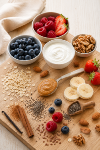 ChatGPT Image 2 Juli 2026 11_17_14 - Deuser Sports | Solingen Assorted berries, nuts, and yogurt bowls with oats, peanut butter, and banana slices on a wooden board (healthy snack spread).