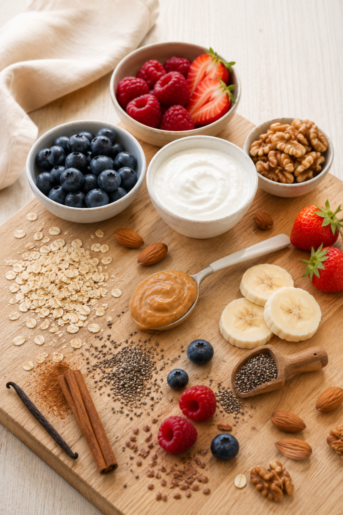Assorted berries, nuts, and yogurt bowls with oats, peanut butter, and banana slices on a wooden board (healthy snack spread).