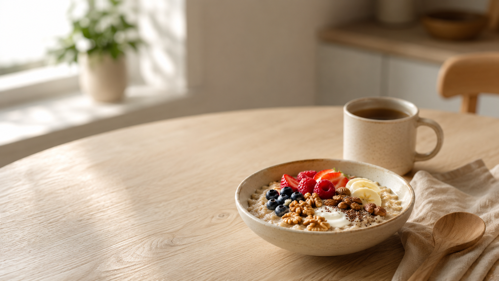 ChatGPT Image 2 Juli 2026 11_22_36 - Deuser Sports | Solingen Bowl of oatmeal topped with berries, banana, and nuts on a wooden table with a mug of coffee nearby.