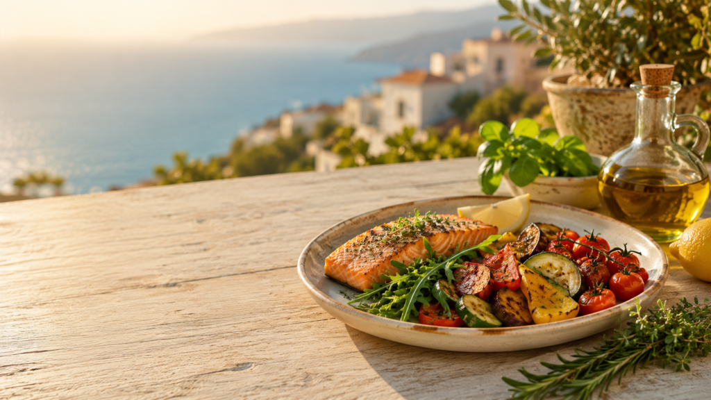 Plate of salmon fillet with roasted vegetables (zucchini, tomatoes, peppers) on a rustic wooden table by the sea. May include lemon and herbs nearby for garnish.