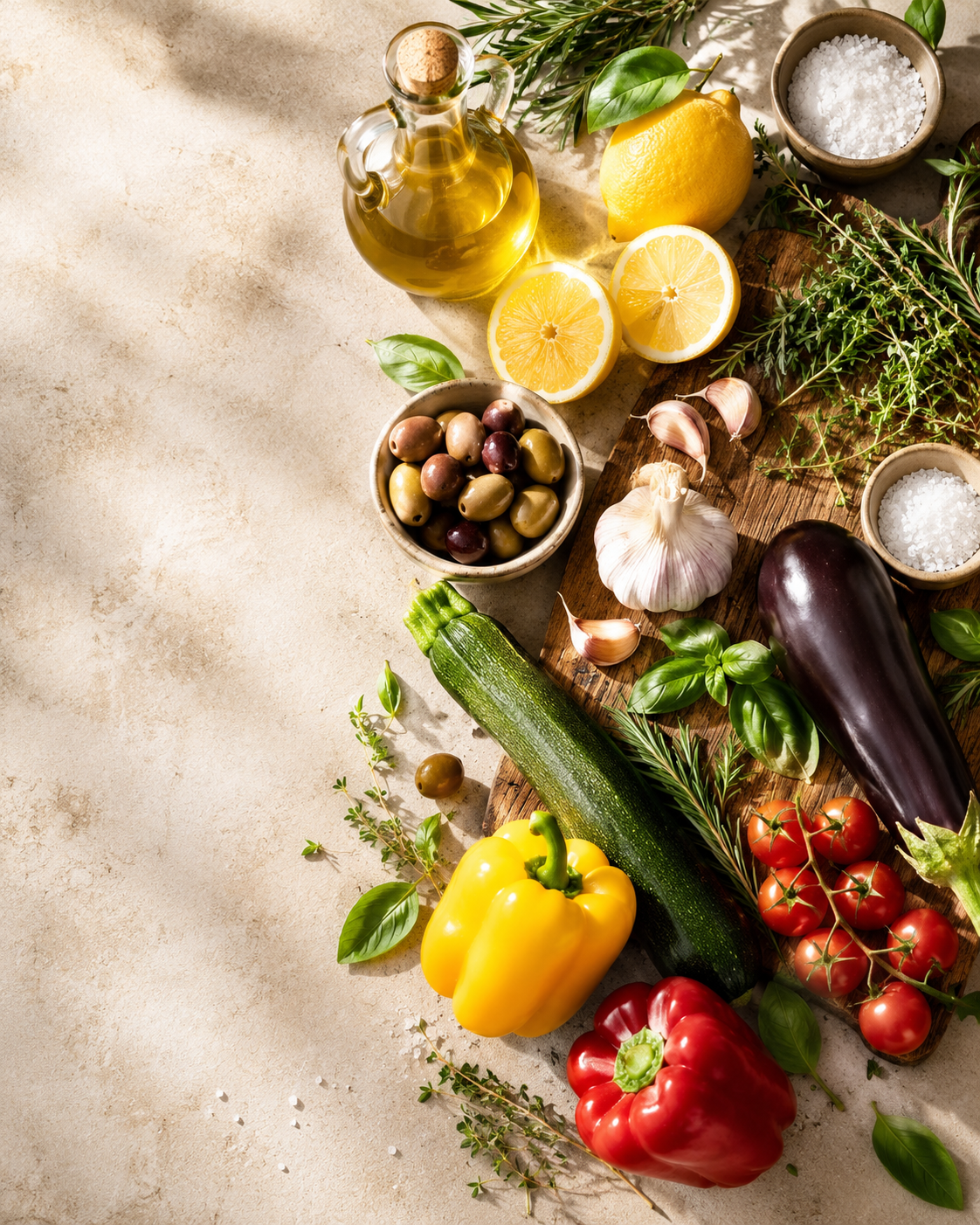 Assorted fresh vegetables and herbs on a wooden board: zucchini, yellow and red bell peppers, eggplant, tomatoes, garlic, lemon halves, olives, and a bottle of olive oil with sprigs of rosemary and basil nearby.