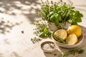 ChatGPT Image 2 Juli 2026 12_05_24 - Deuser Sports | Solingen Lemon halves and a whole lemon with sprigs of rosemary on a sunny countertop, beside a pot of fresh herbs and a small salt dish.