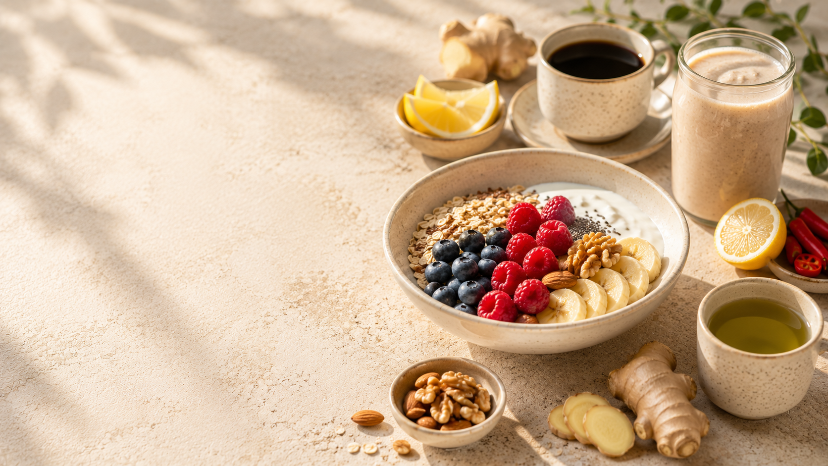 Ceramic bowl of yogurt topped with granola, blueberries, raspberries, banana slices and walnuts on a sunlit table near lemon and coffee.