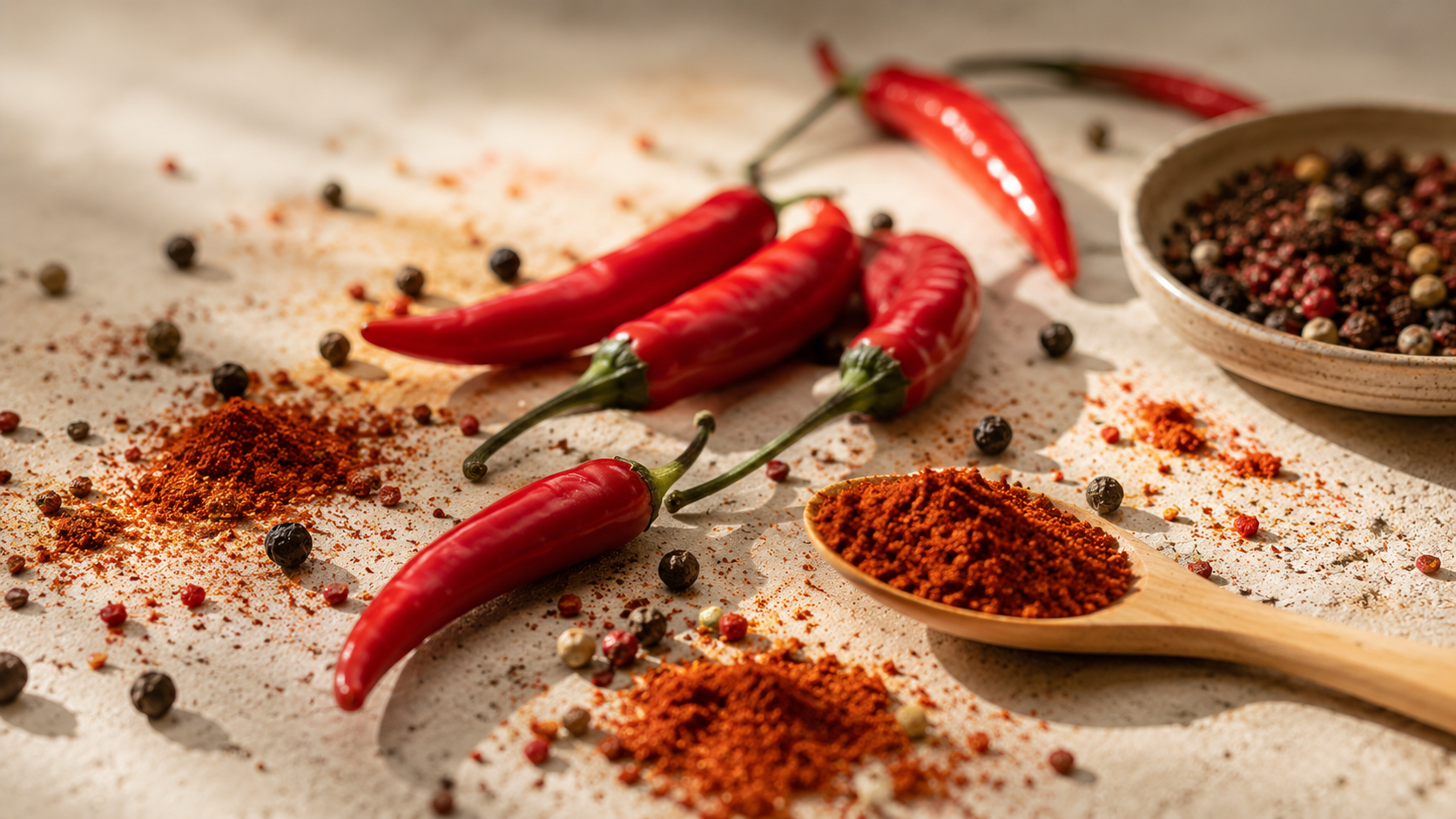 ChatGPT Image 2 Juli 2026 12_54_18 - Deuser Sports | Solingen Red chili peppers with a mound of chili powder and scattered peppercorns on a light surface, foregrounded by a wooden spoon of powder.