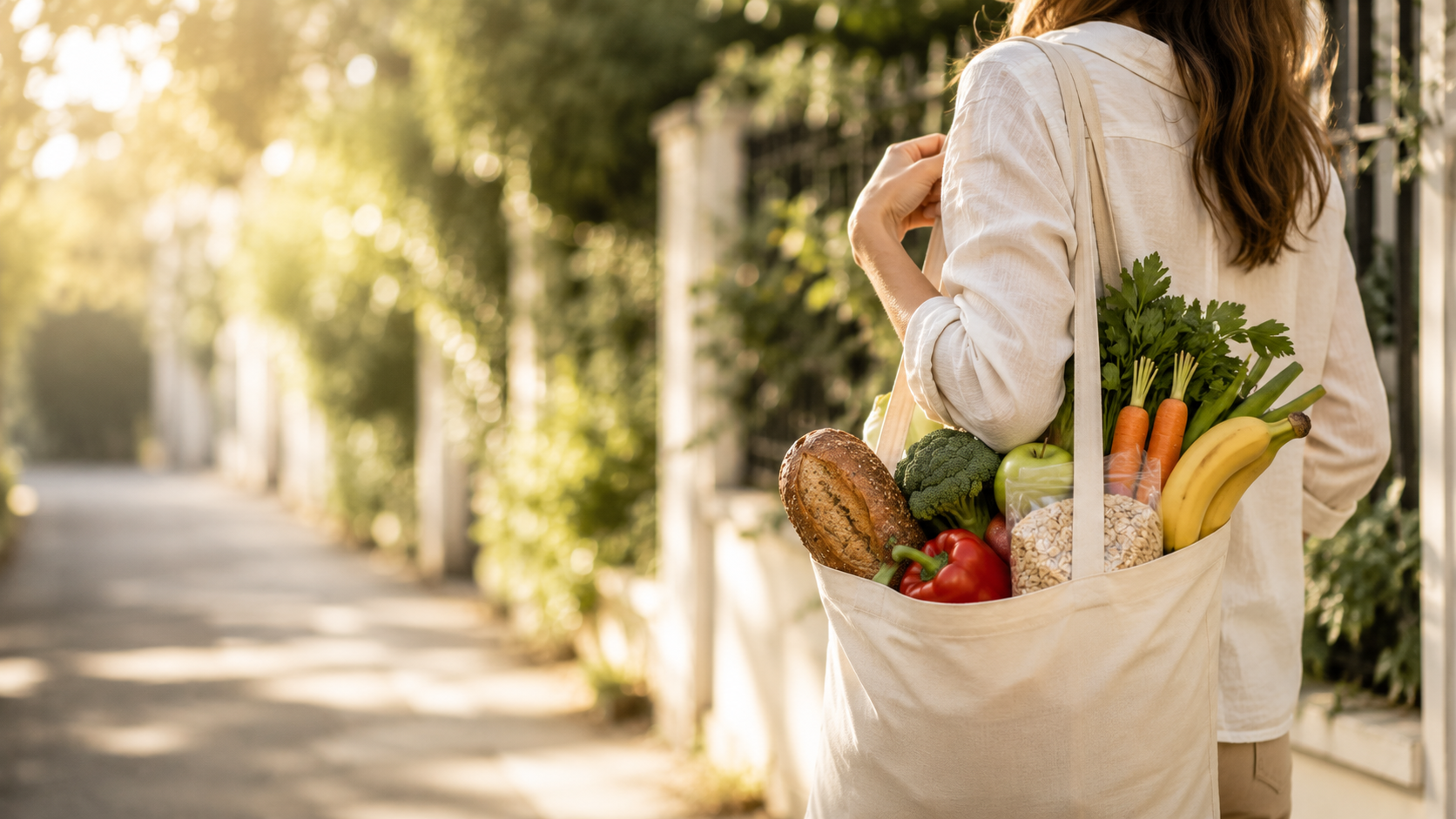 ChatGPT Image 2 Juli 2026 13_10_33 - Deuser Sports | Solingen Person walking down a sunlit sidewalk with a beige tote bag overflowing with groceries like bread, peppers, bananas, carrots, and greens seen from behind.