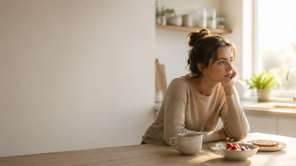 Young woman at a sunlit kitchen table, resting her chin on her hand with a mug and berry-topped toast nearby.
