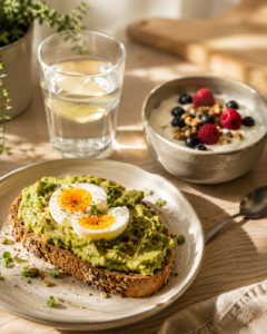 ChatGPT Image 2 Juli 2026 13_46_33 - Deuser Sports | Solingen Avocado toast topped with eggs and greens on a rustic plate, with a yogurt bowl of berries and granola nearby and a glass of lemon water in the background.
