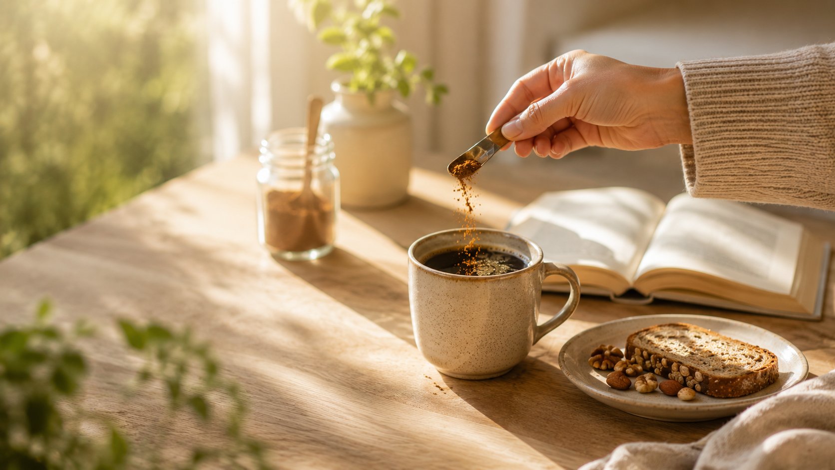 ChatGPT Image 2 Juli 2026 13_50_57 - Deuser Sports | Solingen Hand sprinkling cinnamon into a hot mug of coffee on a sunlit wooden table, with toast, nuts, and an open book nearby.