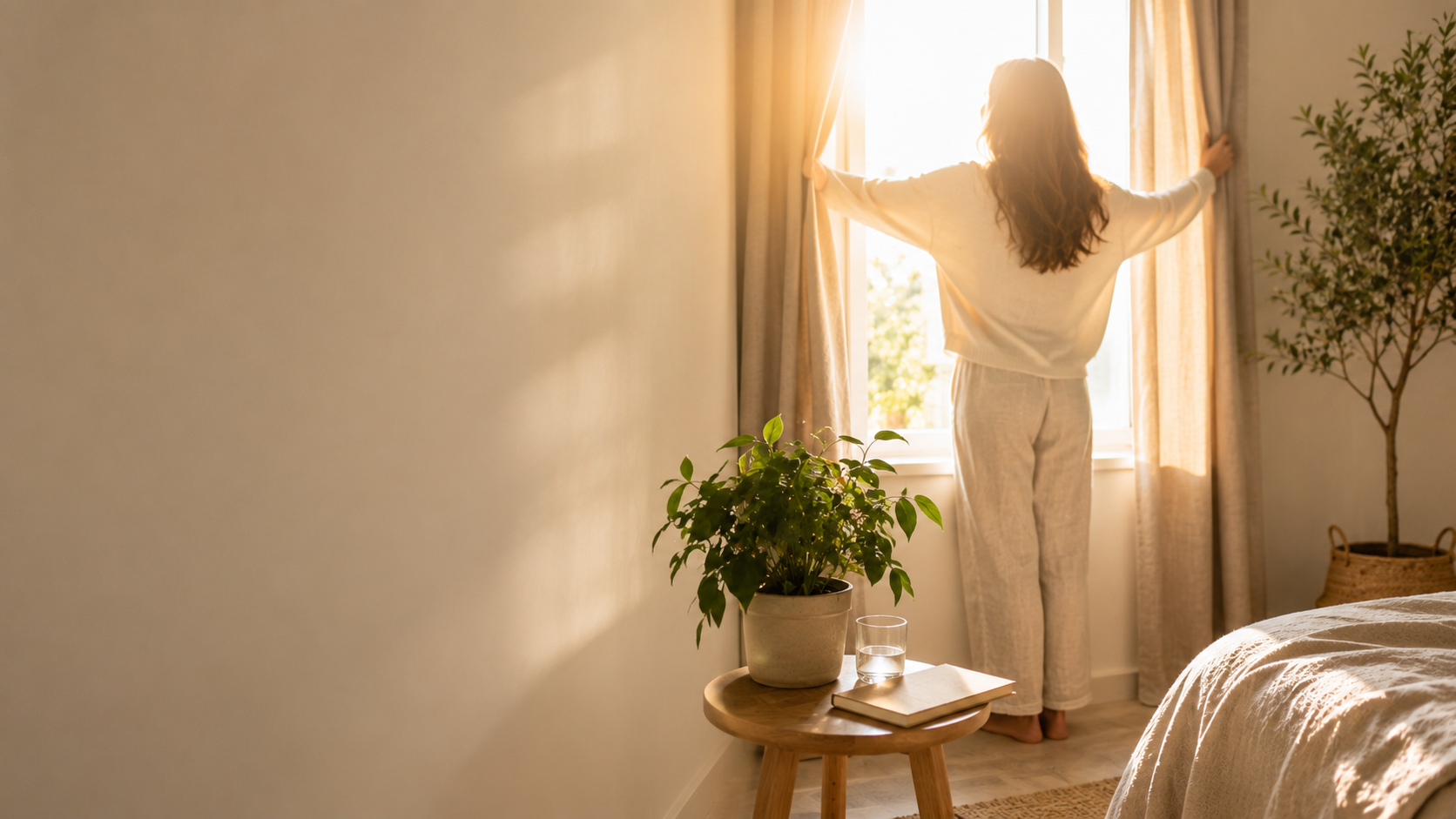 ChatGPT Image 2 Juli 2026 13_57_54 - Deuser Sports | Solingen Person stands at an open window letting in warm morning light in a cozy bedroom, with a potted plant on a stool nearby.